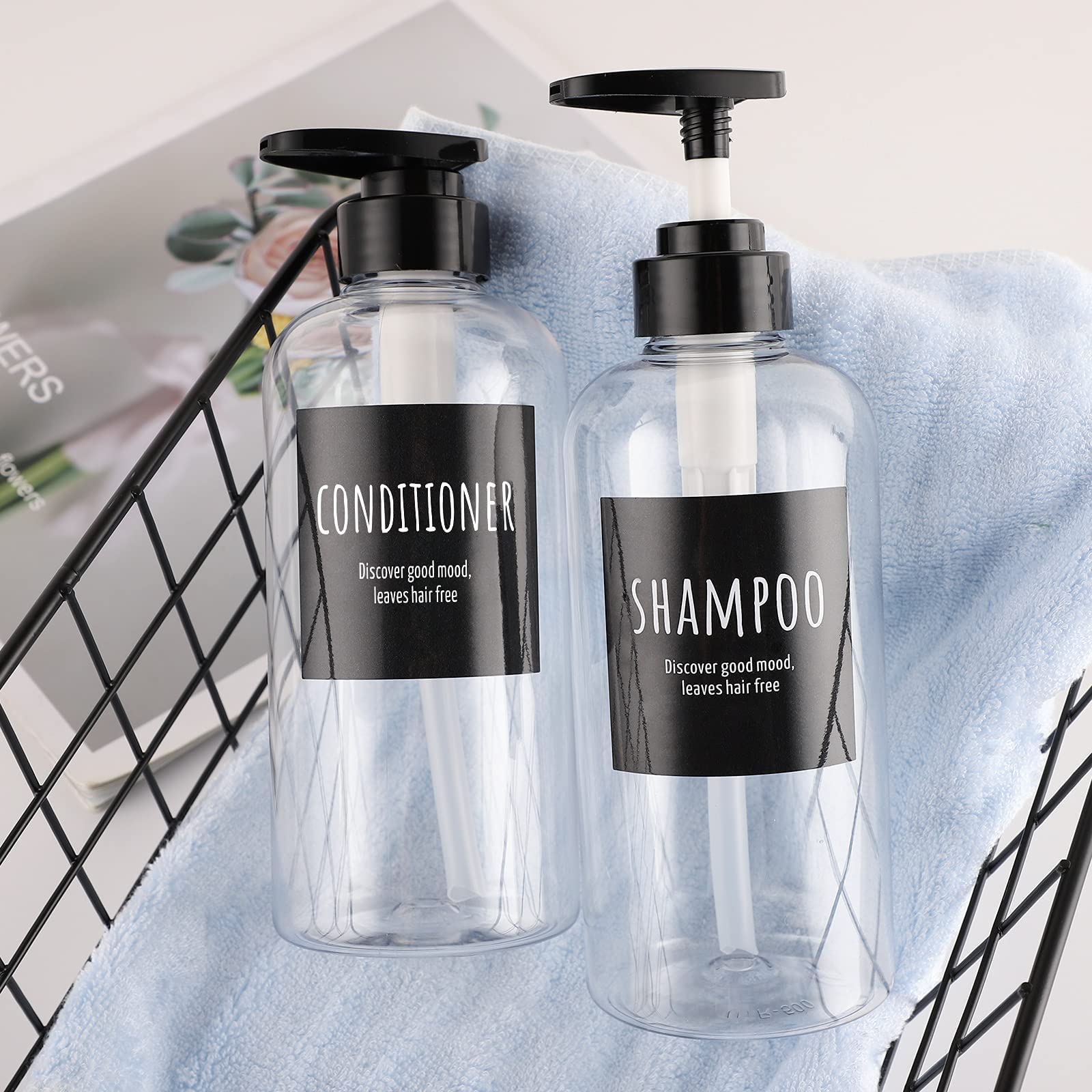 Shampoo and Conditioner Bottles  Segbeauty 2 Pack 16.9oz Refillable Shampoo Bottles  500ml Labeled Clear Shower Bottles Refillable  Large Empty Plastic Bathroom Soap Lotion Shampoo Dispenser with Pump